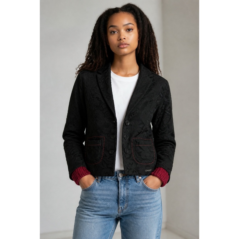Desigual Black Jacquard Floral Blazer Knit Cuffs Red Stitching Size 38
